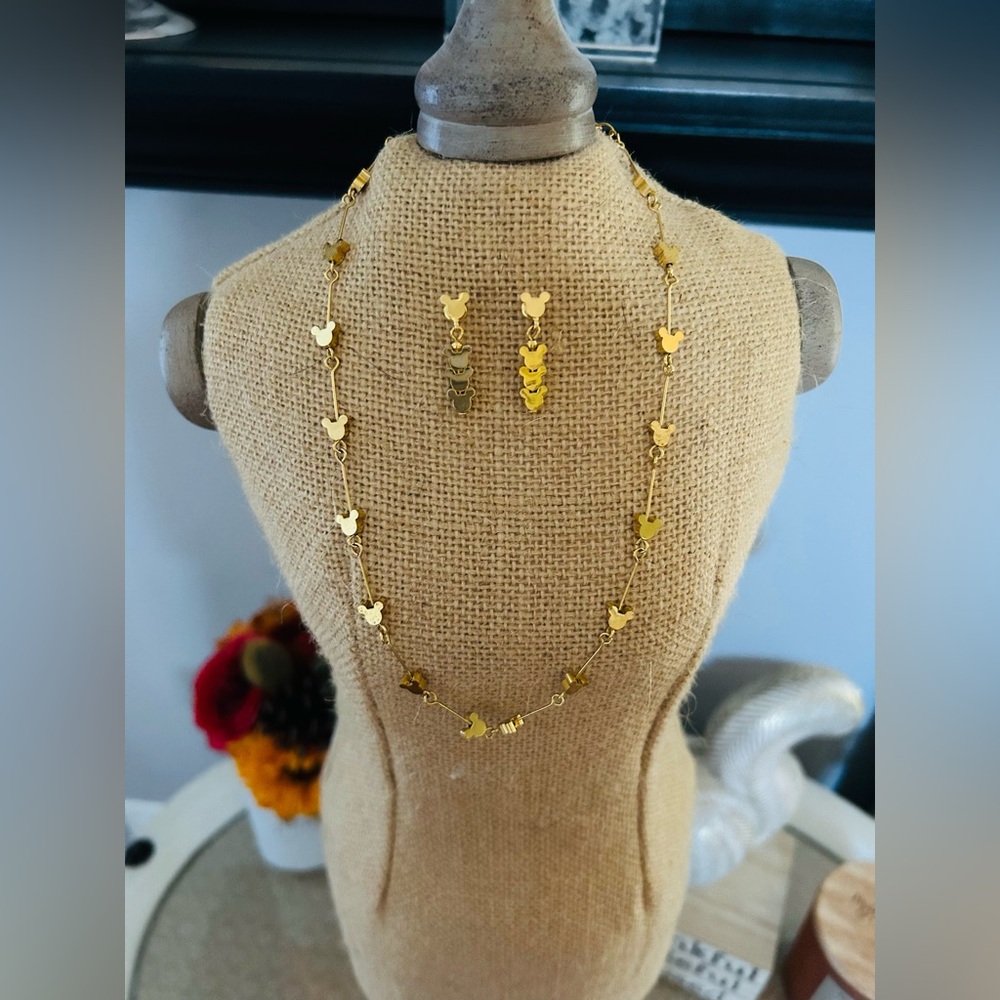 Vintage 1990s Gold Disney Mickey Necklace and Earring Set by Disney